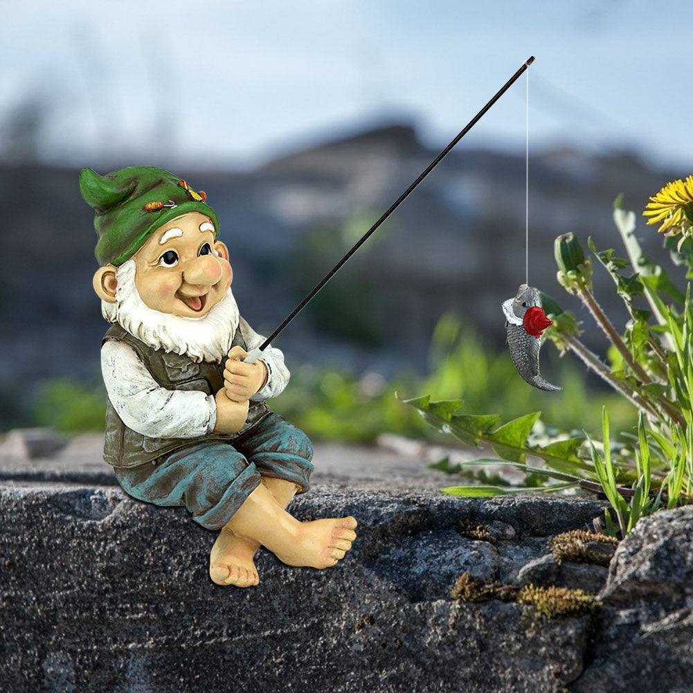 Resin Fishing Gnome Elf | Charming Outdoor Yard Statue