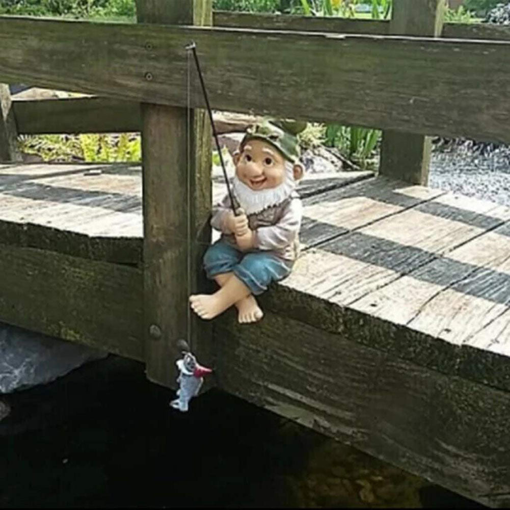 Resin Fishing Gnome Elf | Charming Outdoor Yard Statue