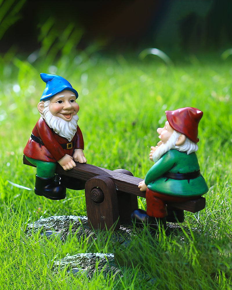 Teeter-Totter Gnome Duo | Playful Seesaw Garden Statue for Outdoor Decor